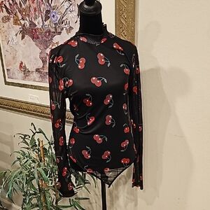 Cherry Print Black Long Sleeve Top